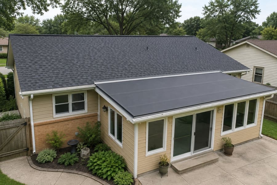 Ranch home with an architectural shingle main roof and a low-slope membrane roof over a rear addition