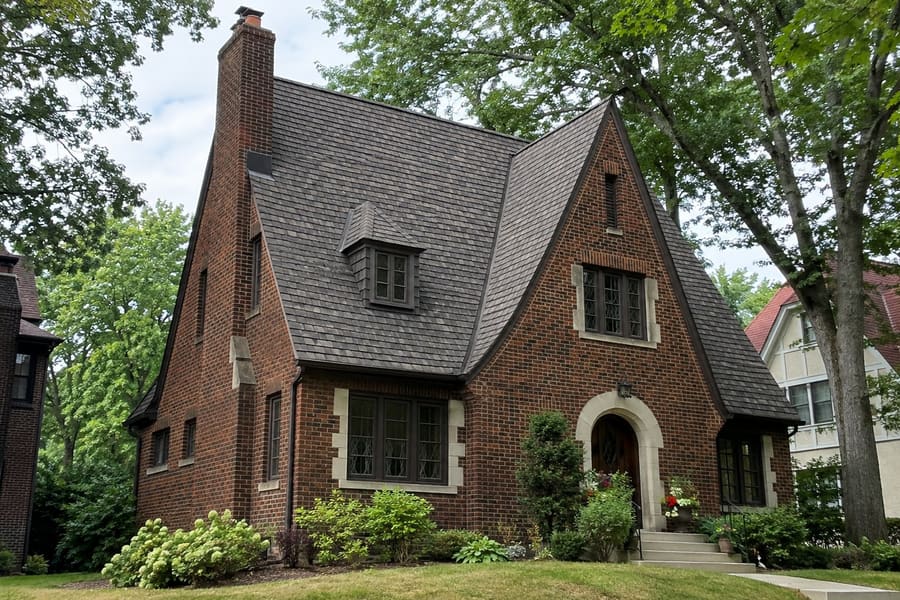 Brick Tudor-style home with a steep architectural shingle roof and dormer